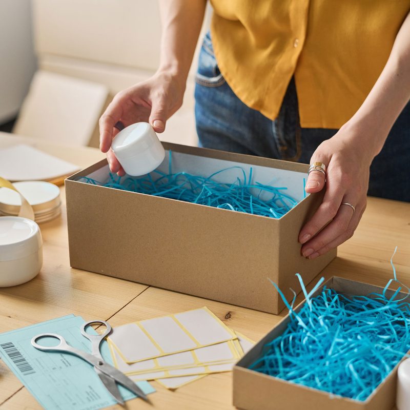 Woman with cosmetics box for fulfillment